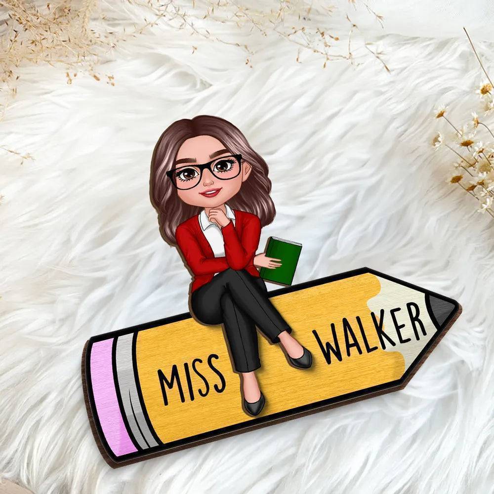 Doll Teacher Sitting On Pencil Personalized Wooden & Acrylic Plaque/Keychain - Back To School Gift For Teacher, Office Decor - Image 2