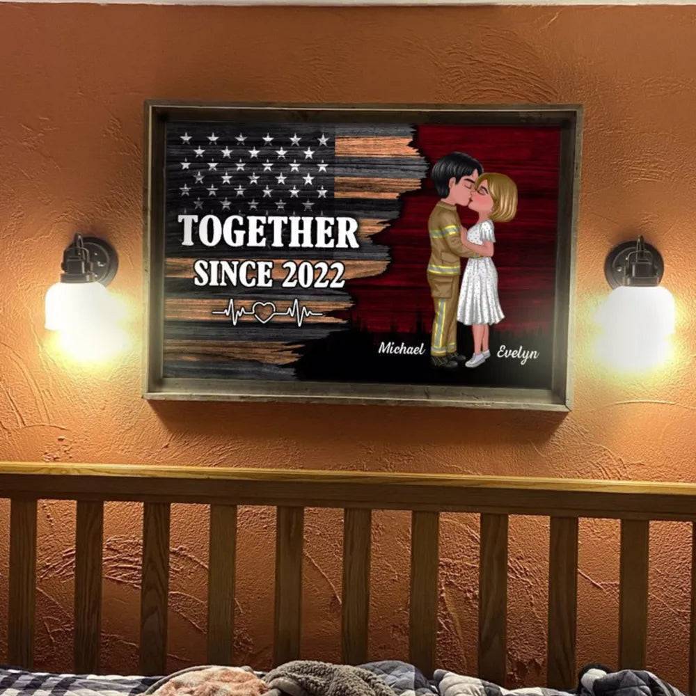 Hero Couple Kissing Half Flag Gifts by Occupation Firefighter, Nurse, Police Officer - Personalized Horizontal Poster or Canvas or Plaque or Pillow or Wallet or Wallet Card or Cap or Cup - Image 3