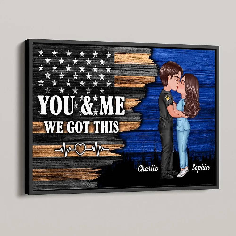Hero Couple Kissing Half Flag Gifts by Occupation Firefighter, Nurse, Police Officer - Personalized Horizontal Poster or Canvas or Plaque or Pillow or Wallet or Wallet Card or Cap or Cup - Image 4