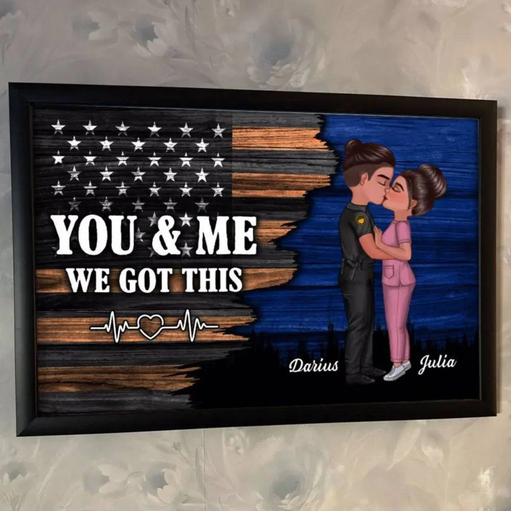Hero Couple Kissing Half Flag Gifts by Occupation Firefighter, Nurse, Police Officer - Personalized Horizontal Poster or Canvas or Plaque or Pillow or Wallet or Wallet Card or Cap or Cup - Image 5