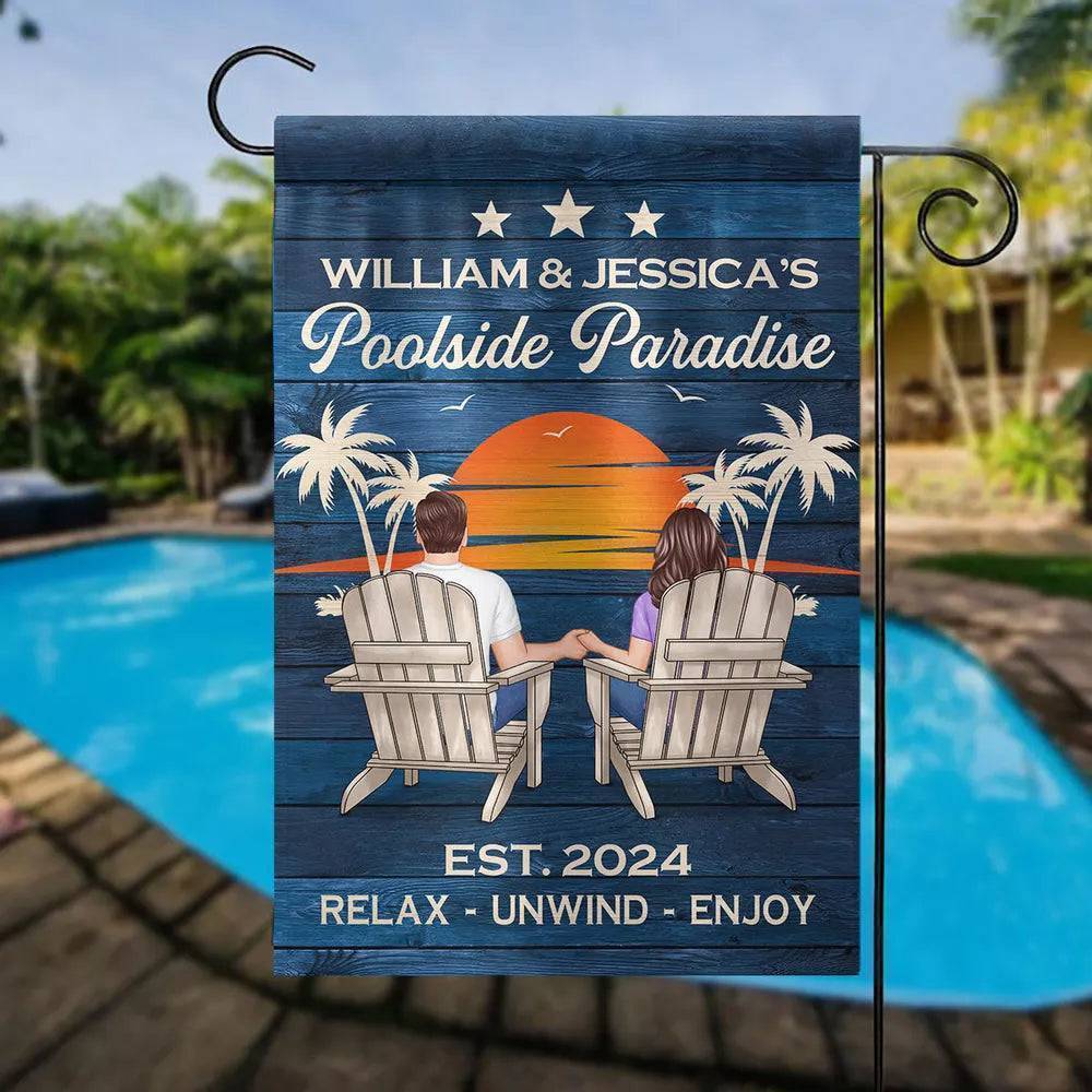 Relaxing Poolside Paradise Decor with Optional Flag Background Couple Sitting Personalized Flag, Sign, Vase - Perfect for Garden, Housewarming, Birthday, Anniversary Gift for Him, Her - Image 10