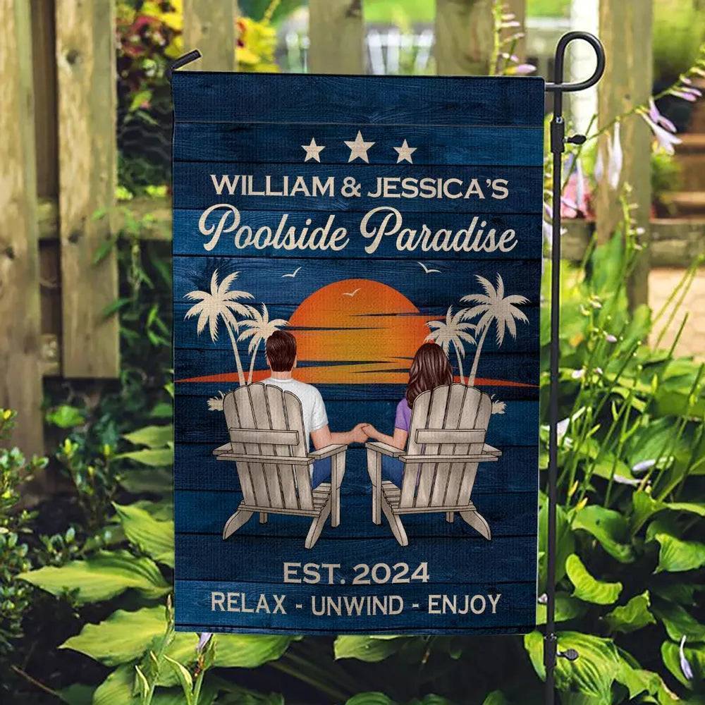 Relaxing Poolside Paradise Decor with Optional Flag Background Couple Sitting Personalized Flag, Sign, Vase - Perfect for Garden, Housewarming, Birthday, Anniversary Gift for Him, Her - Image 11