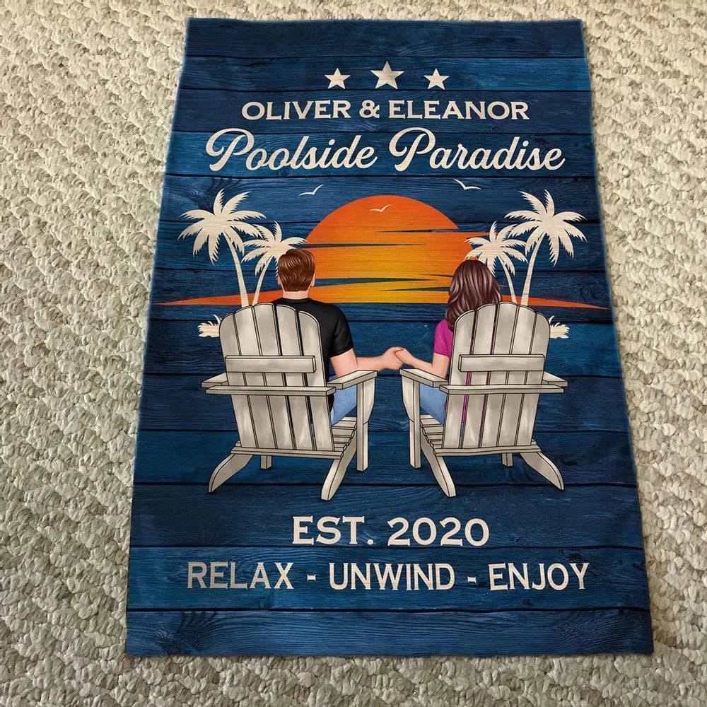 Relaxing Poolside Paradise Decor with Optional Flag Background Couple Sitting Personalized Flag, Sign, Vase - Perfect for Garden, Housewarming, Birthday, Anniversary Gift for Him, Her - Image 14