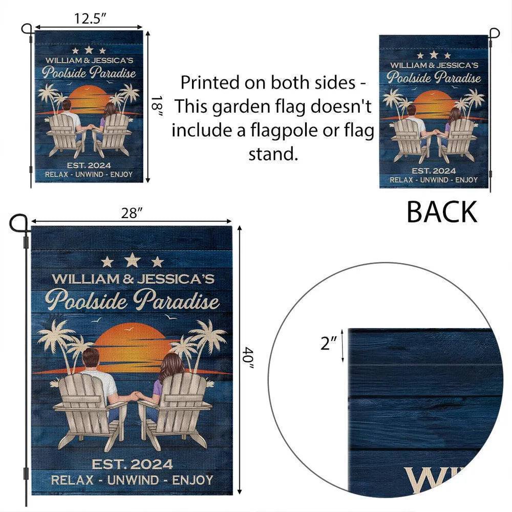 Relaxing Poolside Paradise Decor with Optional Flag Background Couple Sitting Personalized Flag, Sign, Vase - Perfect for Garden, Housewarming, Birthday, Anniversary Gift for Him, Her - Image 16