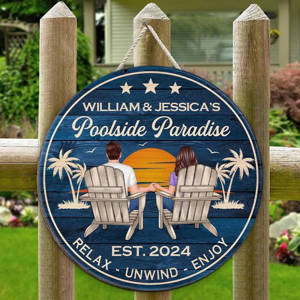 Relaxing Poolside Paradise Decor with Optional Flag Background Couple Sitting Personalized Flag, Sign, Vase - Perfect for Garden, Housewarming, Birthday, Anniversary Gift for Him, Her - Image 9