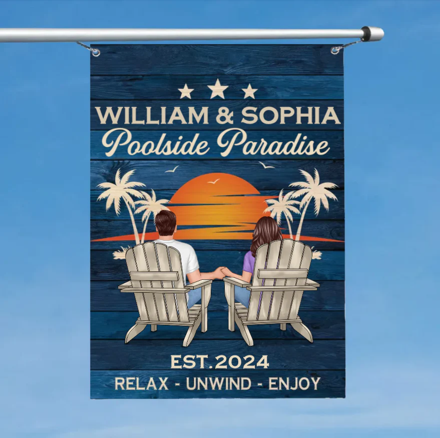 Relaxing Poolside Paradise Decor with Optional Flag Background Couple Sitting Personalized Flag, Sign, Vase - Perfect for Garden, Housewarming, Birthday, Anniversary Gift for Him, Her - Image 3