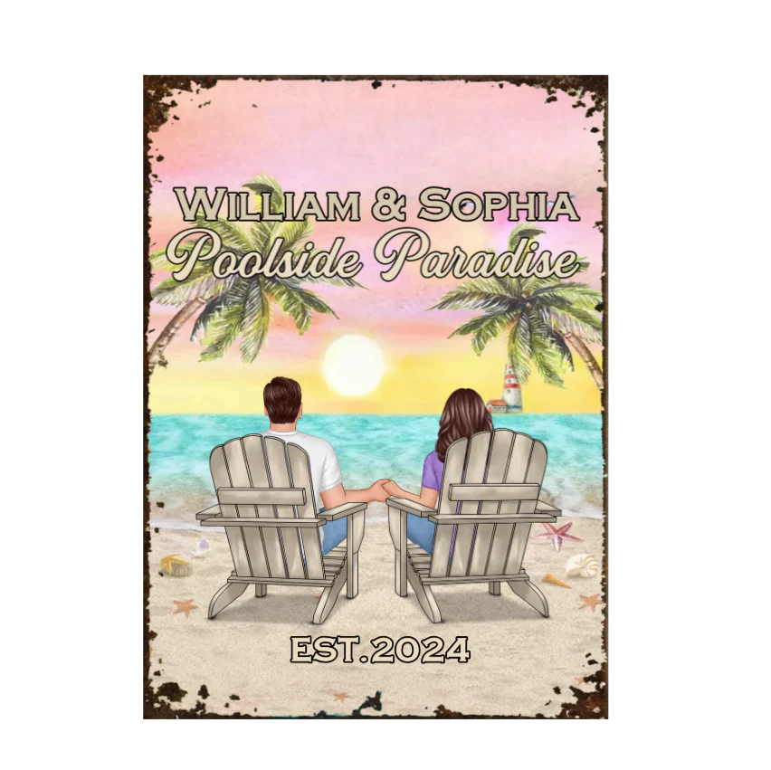 Relaxing Poolside Paradise Decor with Optional Flag Background Couple Sitting Personalized Flag, Sign, Vase - Perfect for Garden, Housewarming, Birthday, Anniversary Gift for Him, Her - Image 6