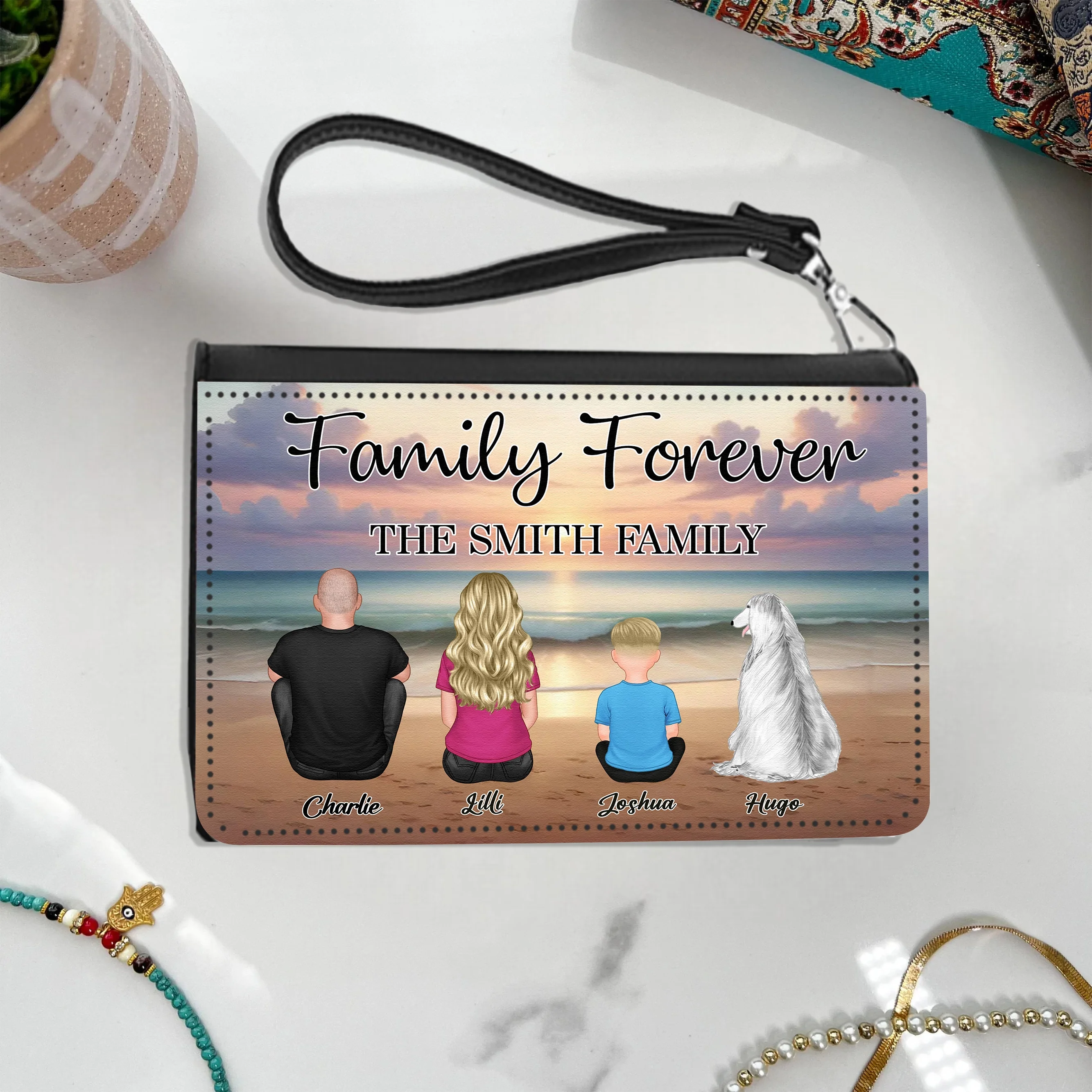 Family Forever Beach Design - Personalized Leather Tote Bag, Wooden Carhanger, LED Plaque, Keychain, Poster, Wallet Card, and Pillow, Unique Gift - Image 5