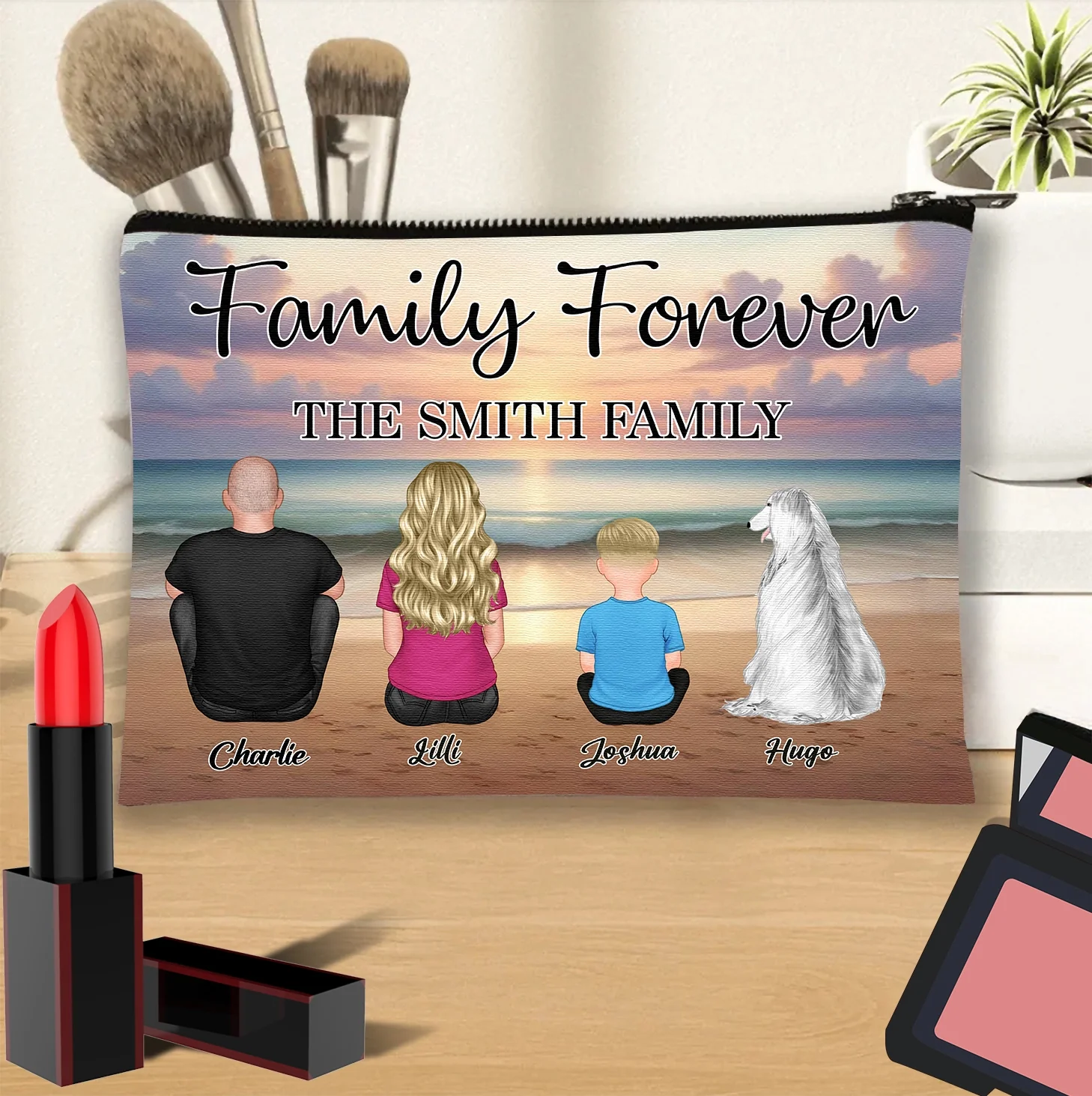 Family Forever Beach Design - Personalized Leather Tote Bag, Wooden Carhanger, LED Plaque, Keychain, Poster, Wallet Card, and Pillow, Unique Gift - Image 4