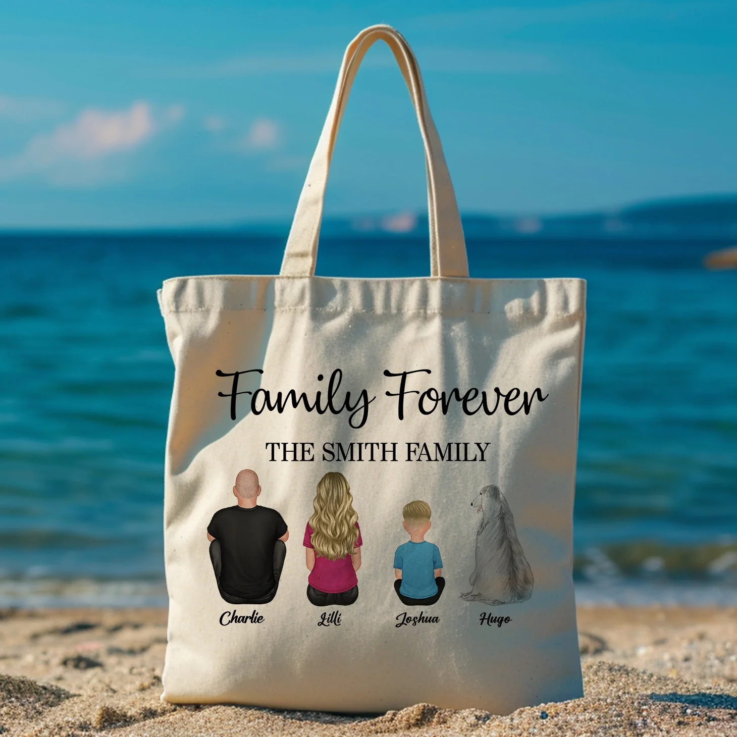 Family Forever Beach Design - Personalized Leather Tote Bag, Wooden Carhanger, LED Plaque, Keychain, Poster, Wallet Card, and Pillow, Unique Gift - Image 7