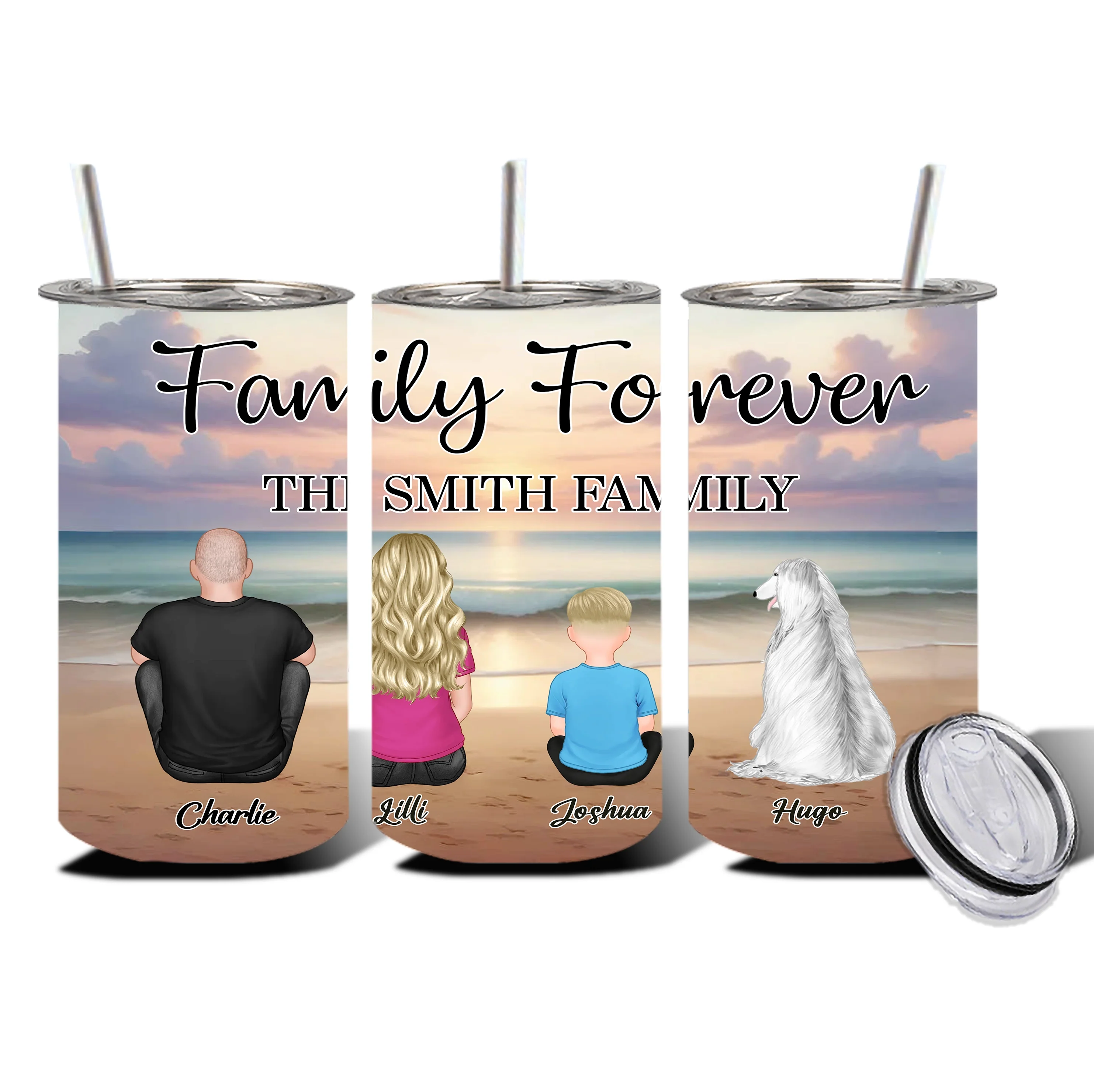 Family Forever Beach Design - Personalized Insulated Travel Tumbler, Wallet Card, Blanket, Cotton Tote Bag, Wooden Carhanger, LED Plaque, Keychain and Poster, Unique Gift - Image 2