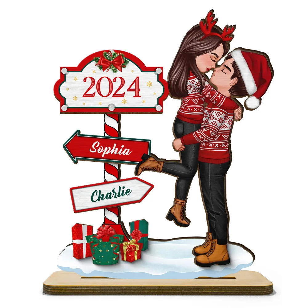 Couple Hugging Kissing North Pole Sign, Custom 2-Layer Wooden Plaque or Ornament or Poster or Keychain, Gift for Christmas Decor - Image 2