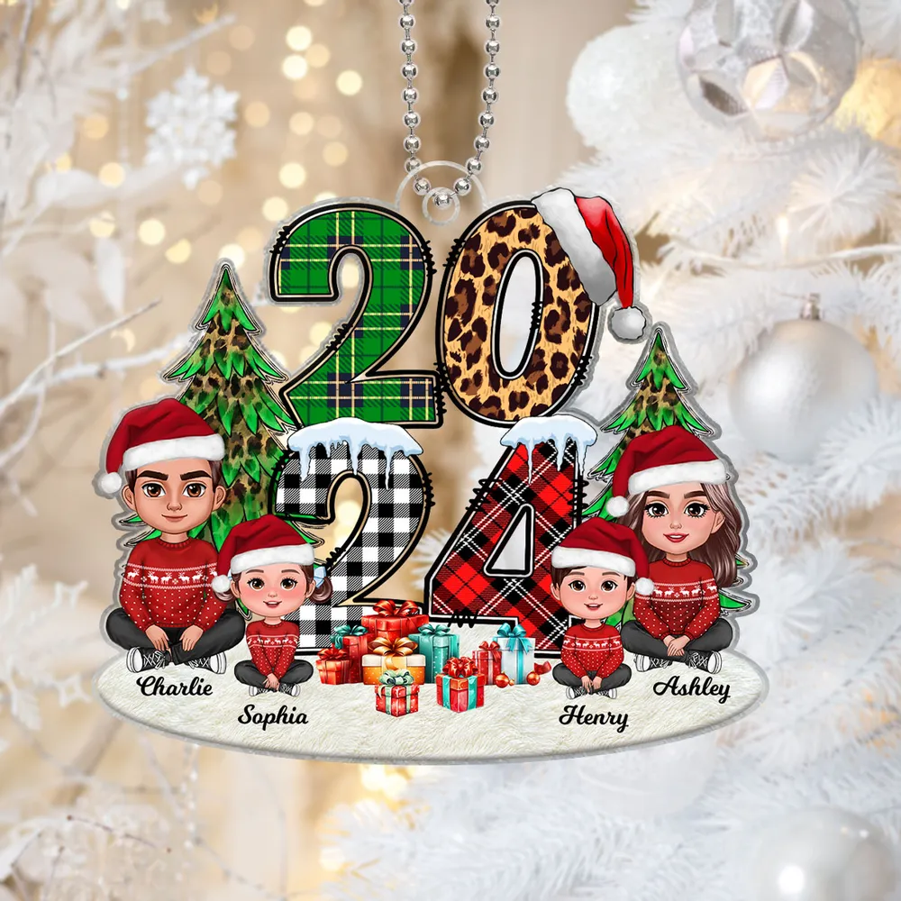 Christmas Family Sitting 2024 Stacked Pattern Personalized Ornament or Keychain or Plaque or Poster - Image 2