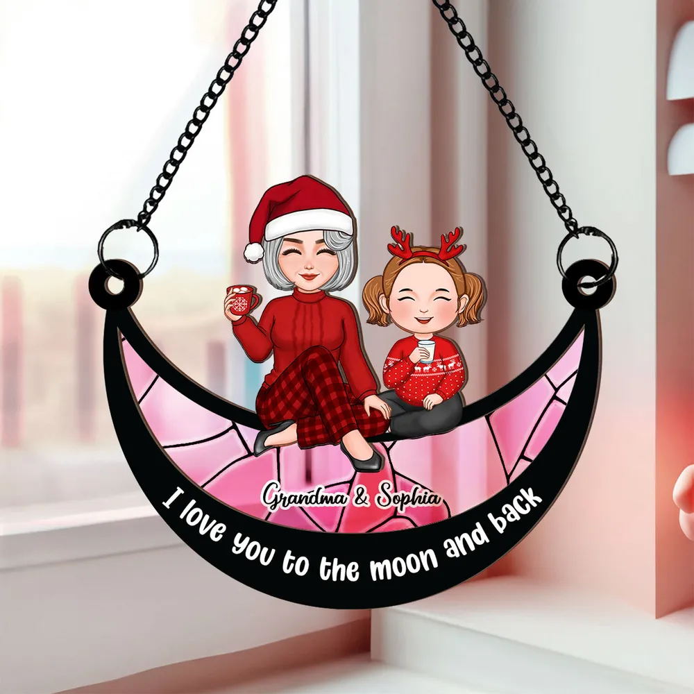 Grandma Grandkid On Moon Personalized Window Hanging Suncatcher Ornament, Christmas Gift For Granddaughter Grandson - Image 2