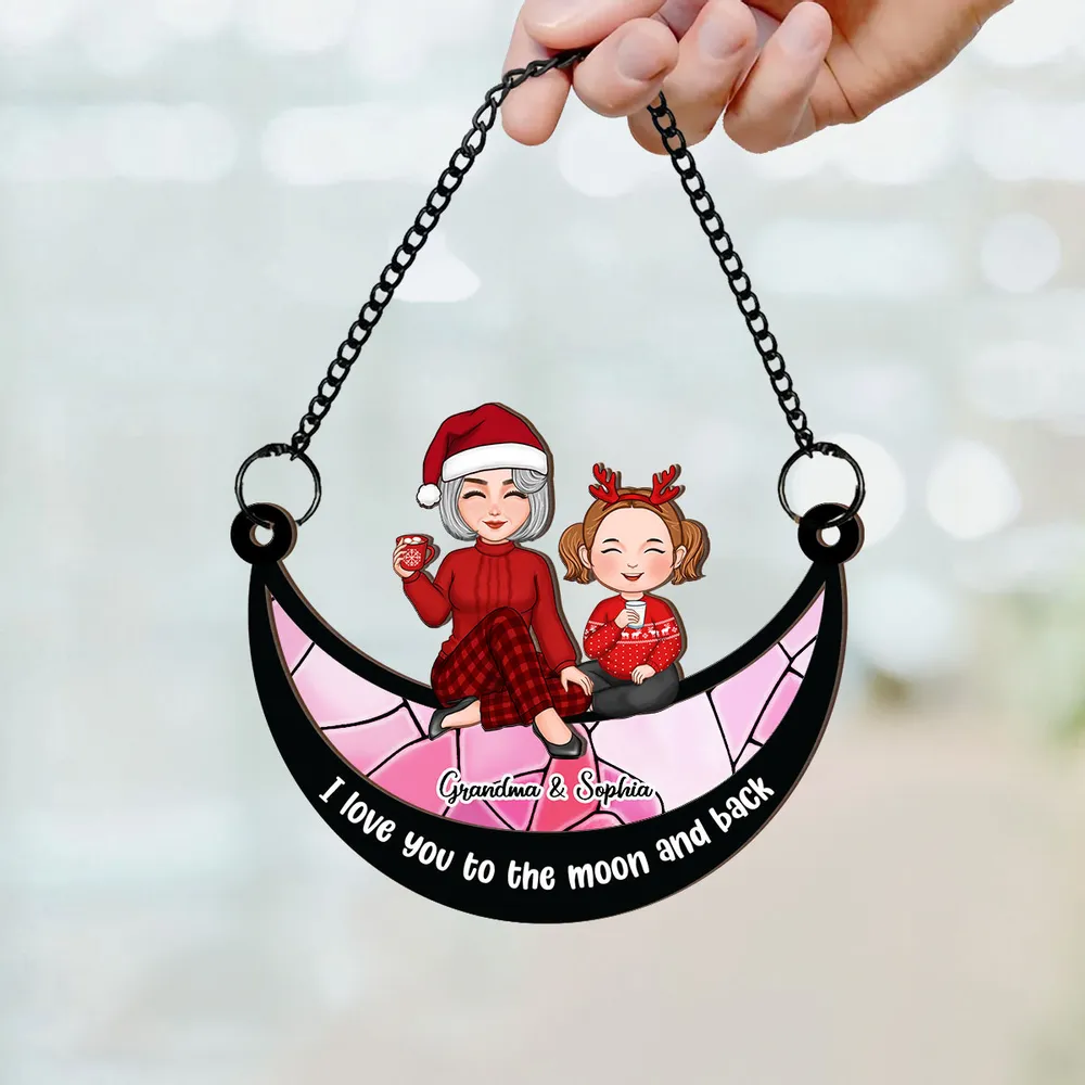 Grandma Grandkid On Moon Personalized Window Hanging Suncatcher Ornament, Christmas Gift For Granddaughter Grandson - Image 4