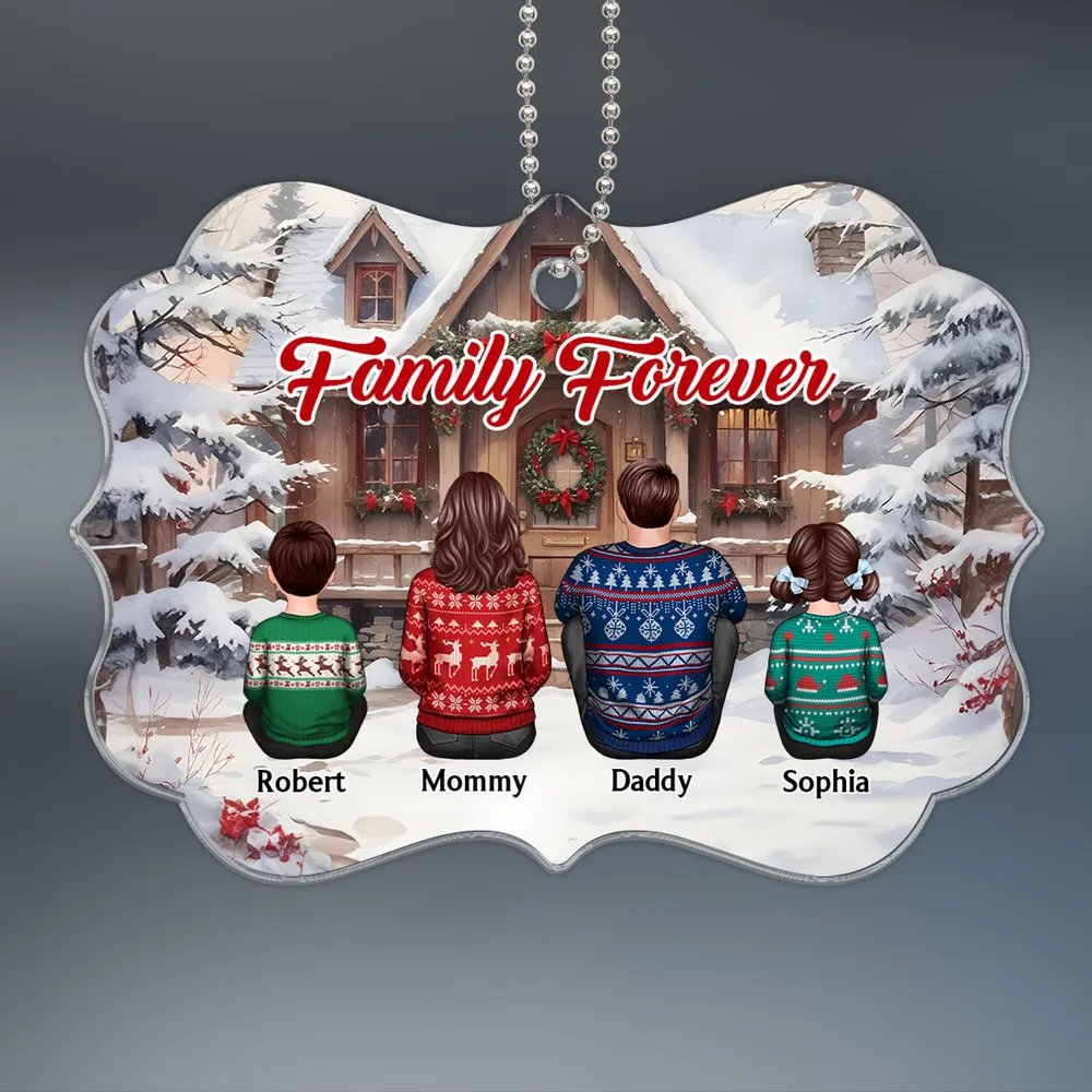 Snow House Back View Family Sitting Personalized Ornament or Poster or Plaque or Keychain - Image 2