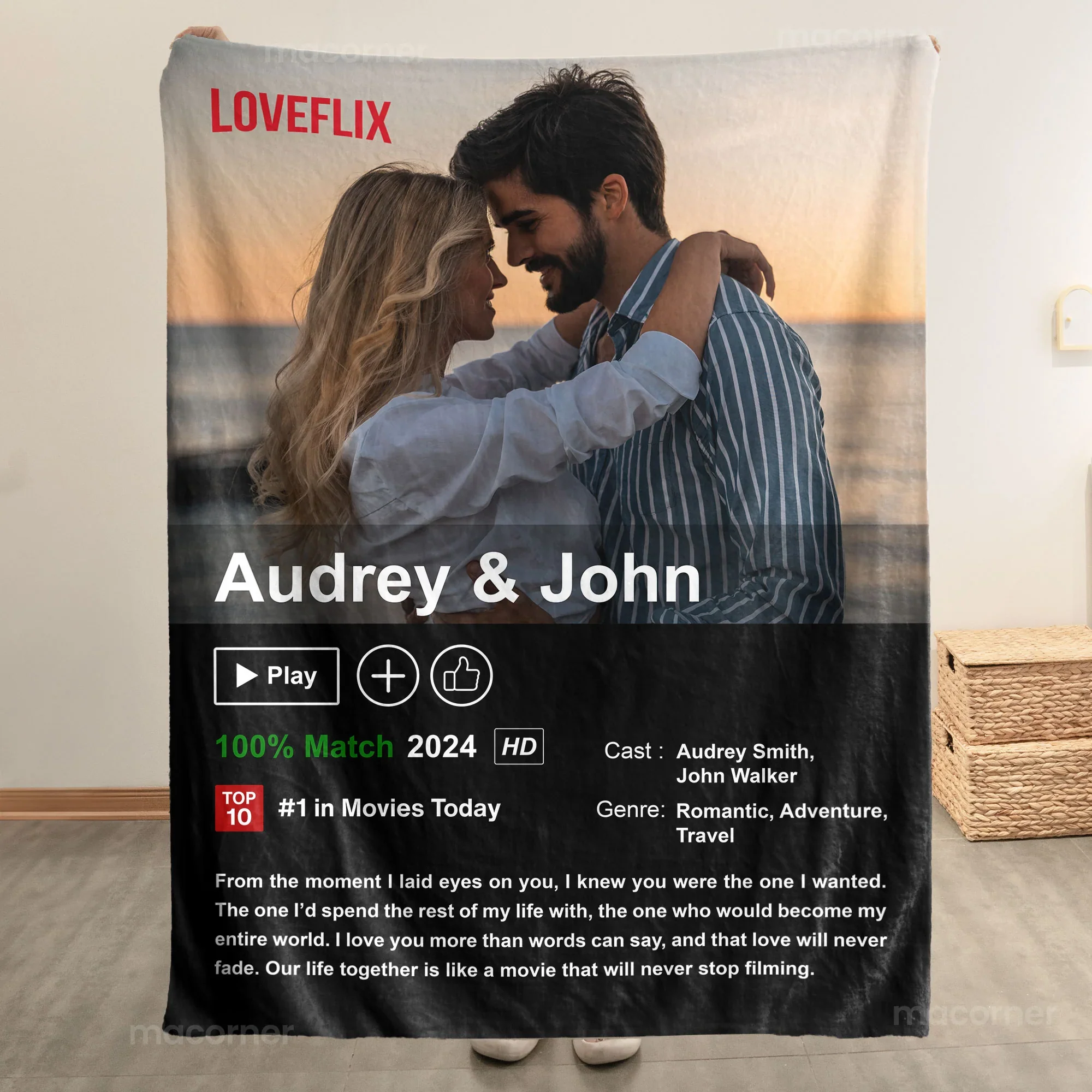 Personalized Loveflix Poster, Blanket, Plaque - Romantic Gift for Couples - Celebrate Your Romance Like a Blockbuster Movie - Image 2