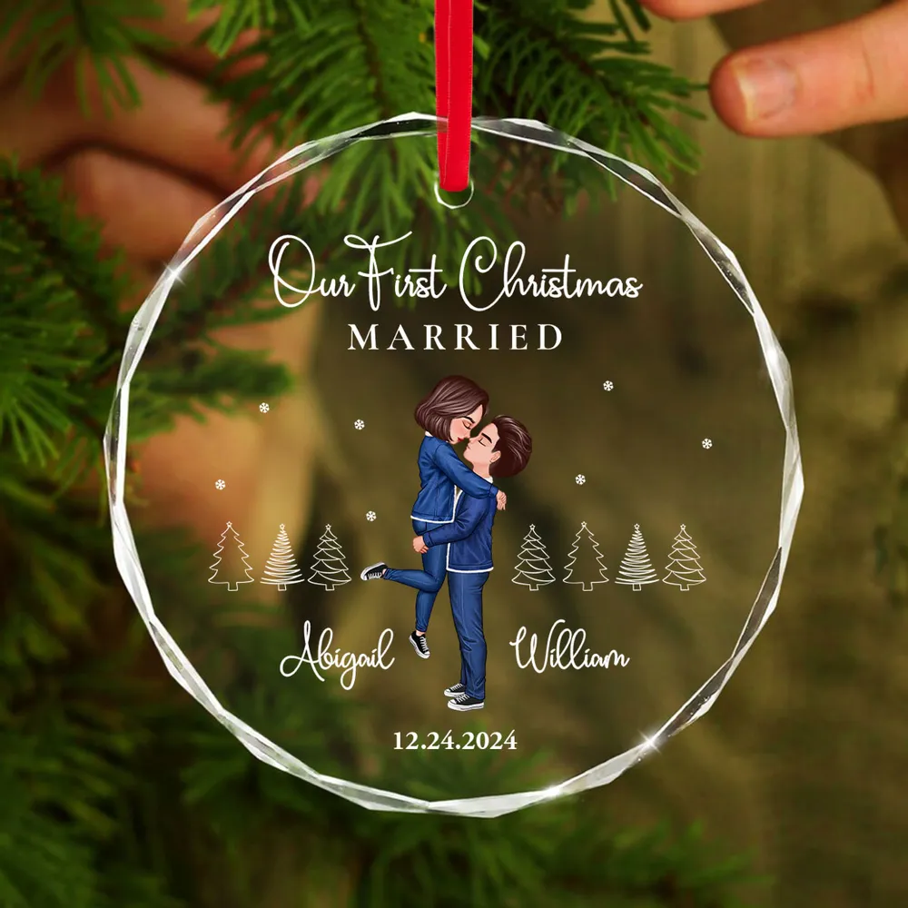 Our First Christmas Engaged Married, Newly Engaged Married Couple Personalized Glass Ornament - Image 2