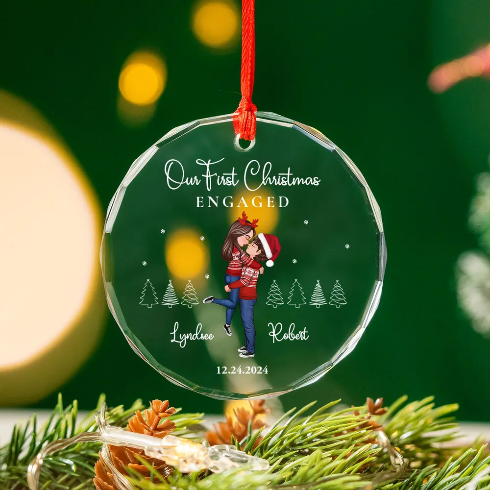 Our First Christmas Engaged Married, Newly Engaged Married Couple Personalized Glass Ornament - Image 3