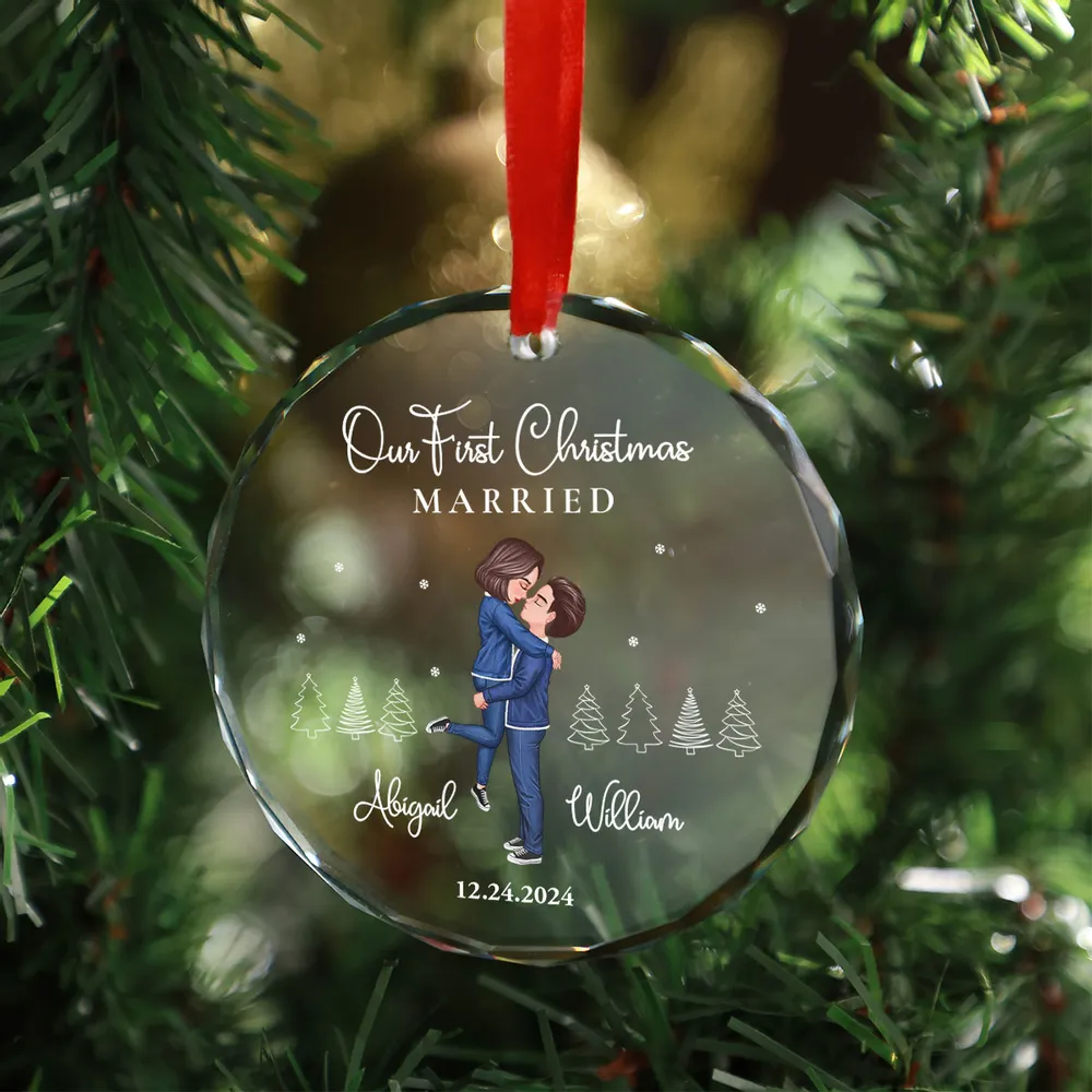 Our First Christmas Engaged Married, Newly Engaged Married Couple Personalized Glass Ornament - Image 5