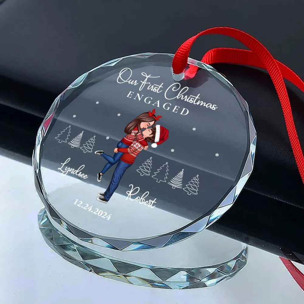 Our First Christmas Engaged Married, Newly Engaged Married Couple Personalized Glass Ornament - Image 6