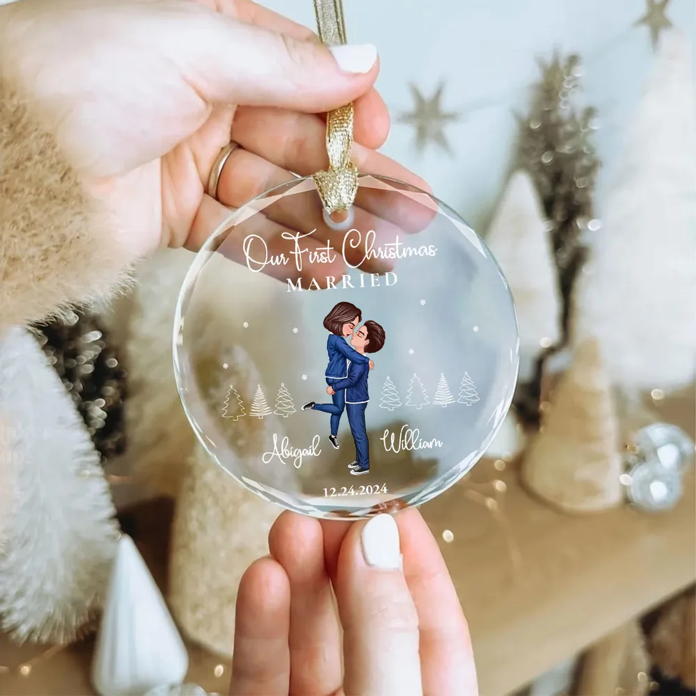 Our First Christmas Engaged Married, Newly Engaged Married Couple Personalized Glass Ornament - Image 8
