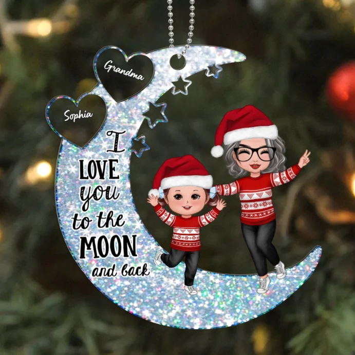 Personalized Moon Ornament, Plaque, Keychain, Pillow, Cup, and Bag - "I Love You to the Moon and Back" for Grandma & Grandkid - Image 2