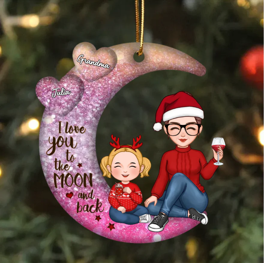 Grandma & Grandkid Sitting On Heart Pattern Moon - Personalized Ornament or Keychain or Plaque - Image 2