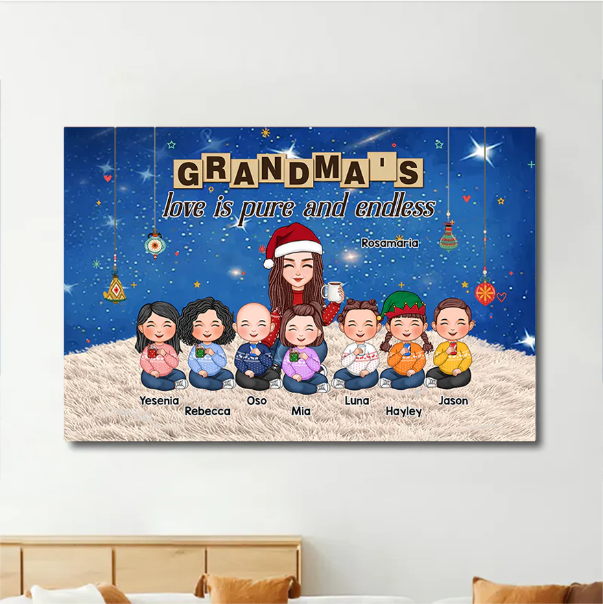 Grandma & Grandkid Sitting On Heart Pattern Moon - Personalized Poster or Canvas or Ornament or Plaque or Keychain