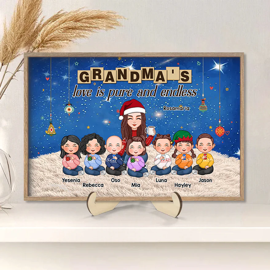 Grandma & Grandkid Sitting On Heart Pattern Moon - Personalized Poster or Canvas or Ornament or Plaque or Keychain - Image 3