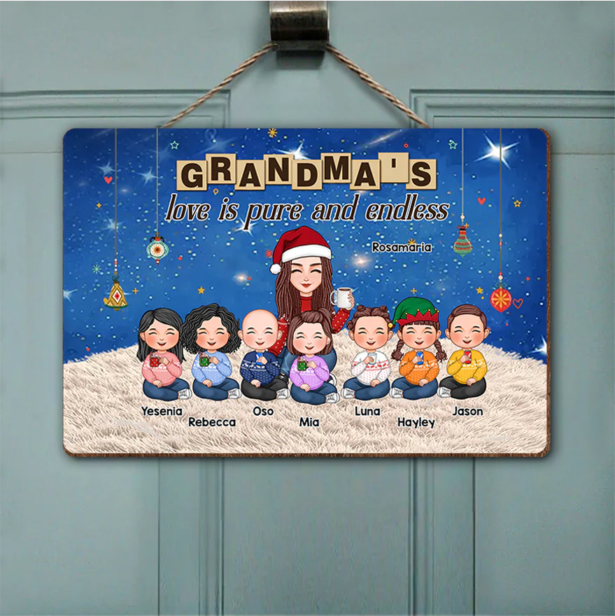 Grandma & Grandkid Sitting On Heart Pattern Moon - Personalized Poster or Canvas or Ornament or Plaque or Keychain - Image 5
