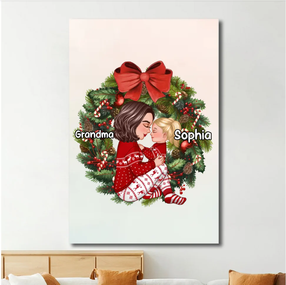 Grandma Mom Hugging Kid Sitting On Christmas Wreath Personalized Piggy Bank or Ornament or Plaque or Keychain or Poster - Image 10