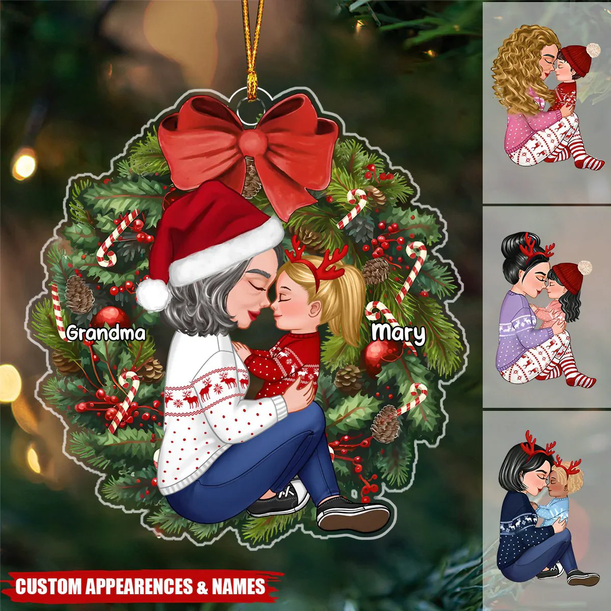 Grandma Mom Hugging Kid Sitting On Christmas Wreath Personalized Piggy Bank or Ornament or Plaque or Keychain or Poster - Image 2