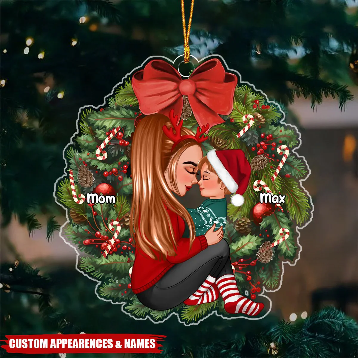 Grandma Mom Hugging Kid Sitting On Christmas Wreath Personalized Piggy Bank or Ornament or Plaque or Keychain or Poster - Image 4