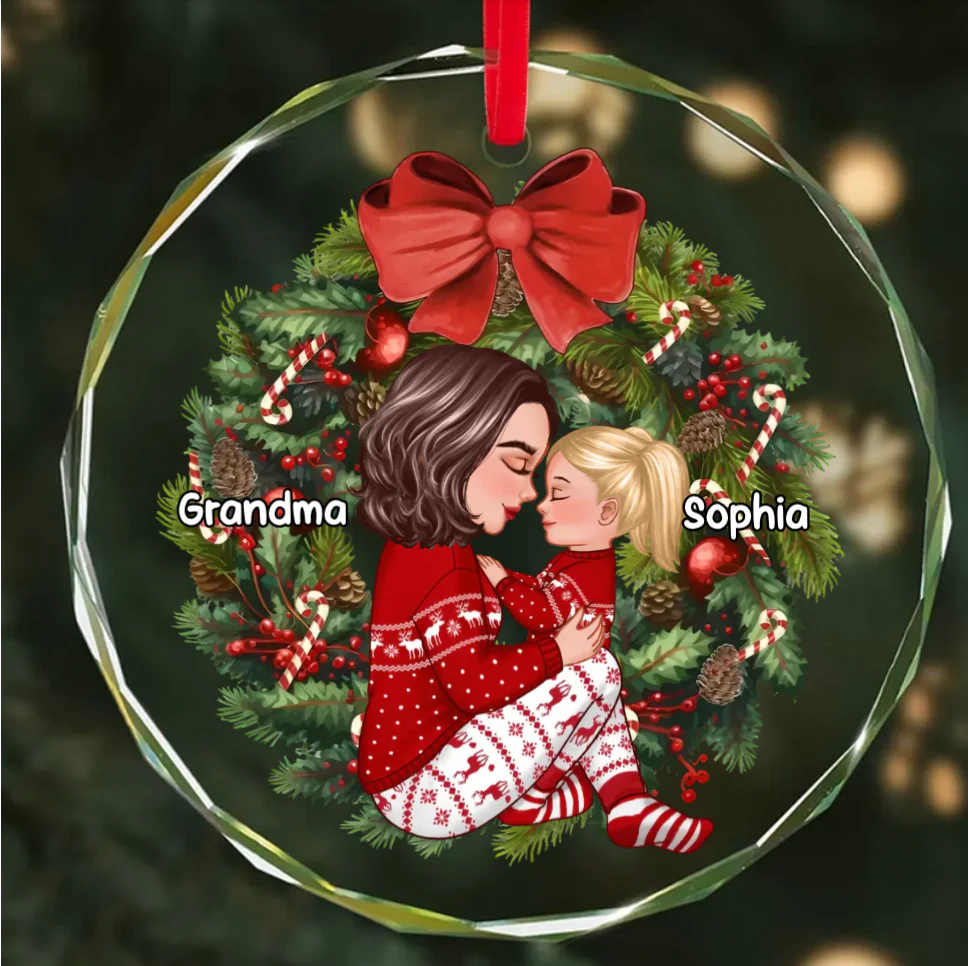 Grandma Mom Hugging Kid Sitting On Christmas Wreath Personalized Piggy Bank or Ornament or Plaque or Keychain or Poster - Image 5