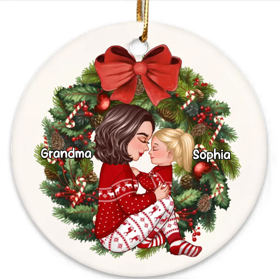 Grandma Mom Hugging Kid Sitting On Christmas Wreath Personalized Piggy Bank or Ornament or Plaque or Keychain or Poster - Image 6