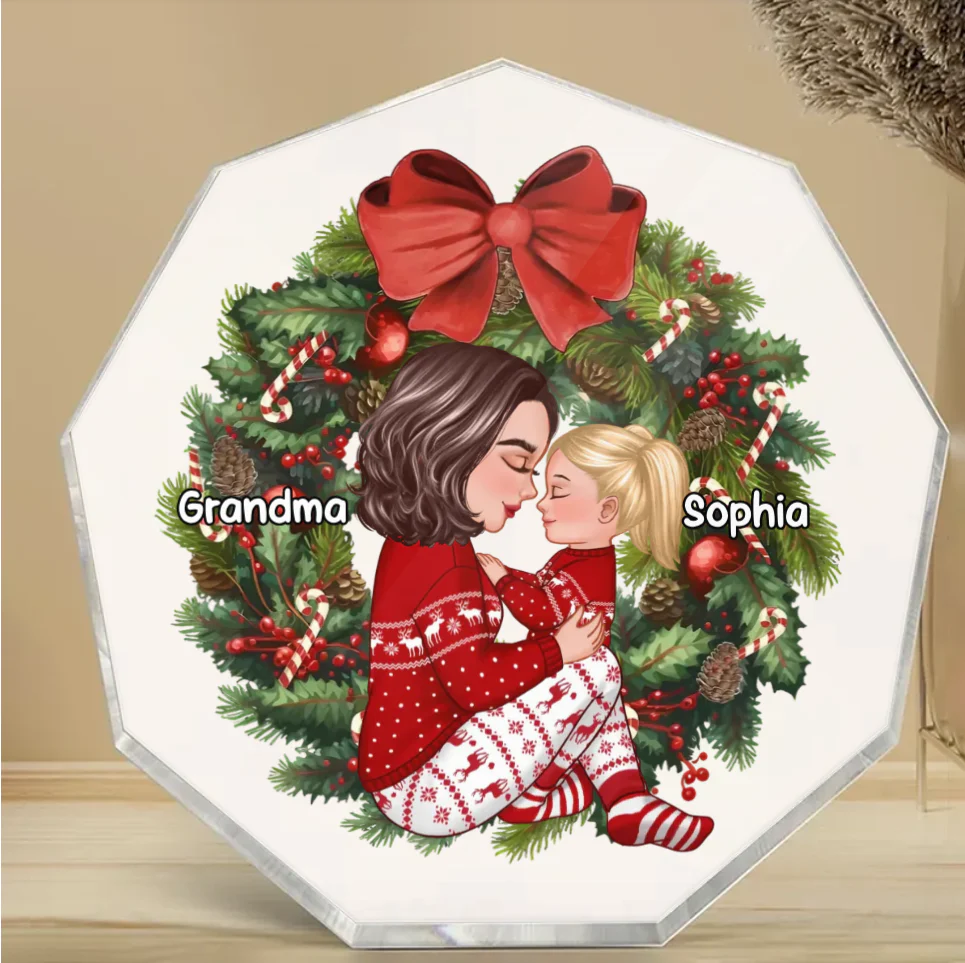 Grandma Mom Hugging Kid Sitting On Christmas Wreath Personalized Piggy Bank or Ornament or Plaque or Keychain or Poster - Image 7