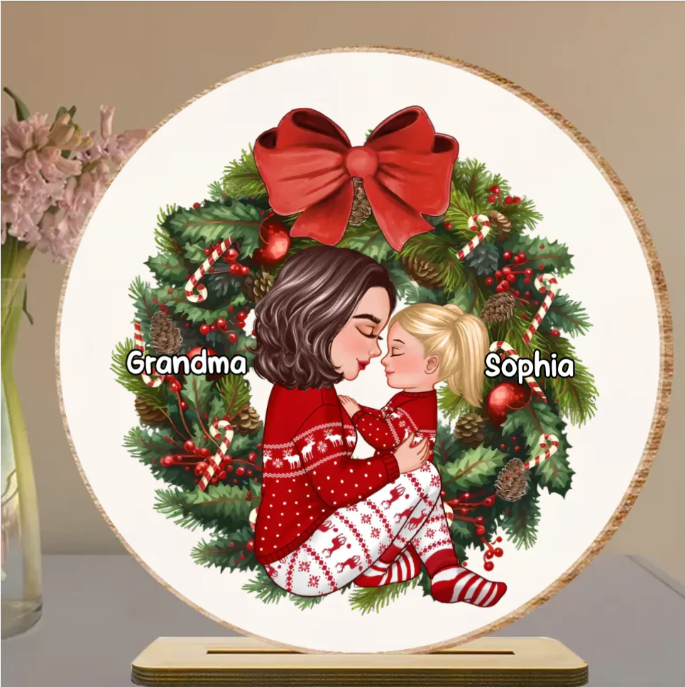 Grandma Mom Hugging Kid Sitting On Christmas Wreath Personalized Piggy Bank or Ornament or Plaque or Keychain or Poster - Image 8