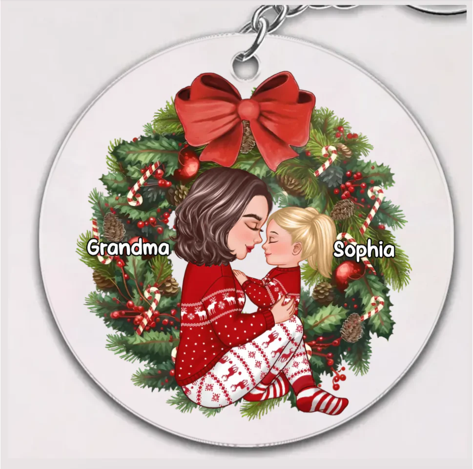 Grandma Mom Hugging Kid Sitting On Christmas Wreath Personalized Piggy Bank or Ornament or Plaque or Keychain or Poster - Image 9