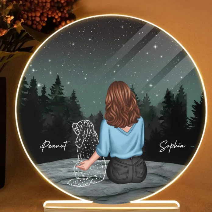 Personalized Ornament, Plaque, Keychain, Pillow, Sign, Lamp - Custom Memorial Gift for Pet Lovers - Starry Night with Dog and Owner - Image 8