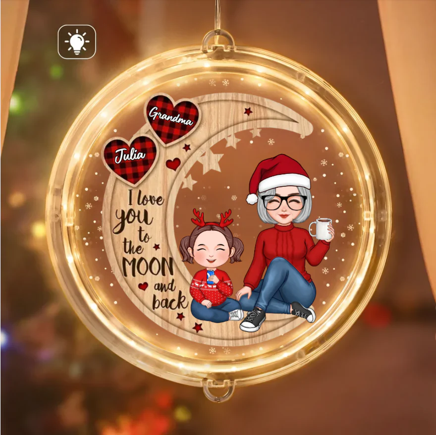 Grandma & Grandkid Sitting On Heart Pattern Moon - Personalized Ornament or Plaque or Keychain - Image 2