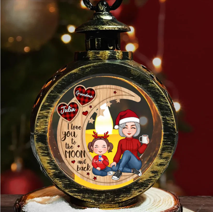 Grandma & Grandkid Sitting On Heart Pattern Moon - Personalized Ornament or Plaque or Keychain