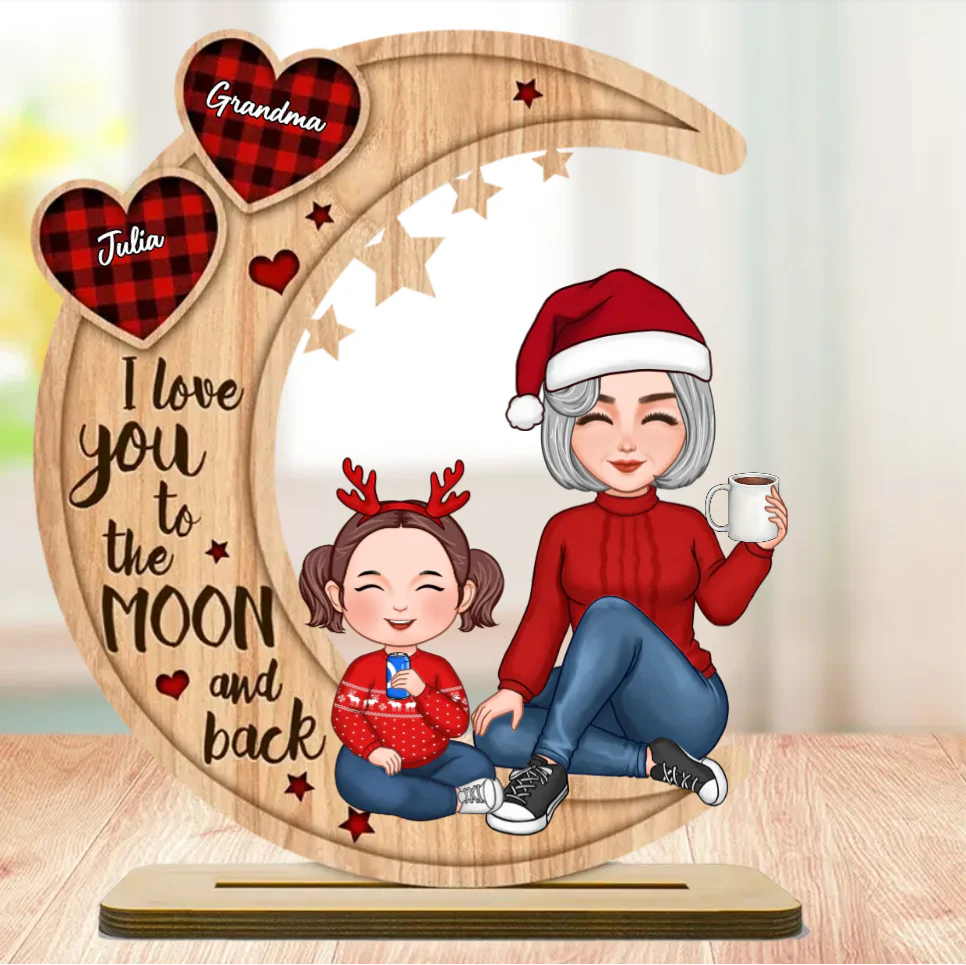 Grandma & Grandkid Sitting On Heart Pattern Moon - Personalized Ornament or Plaque or Keychain - Image 5