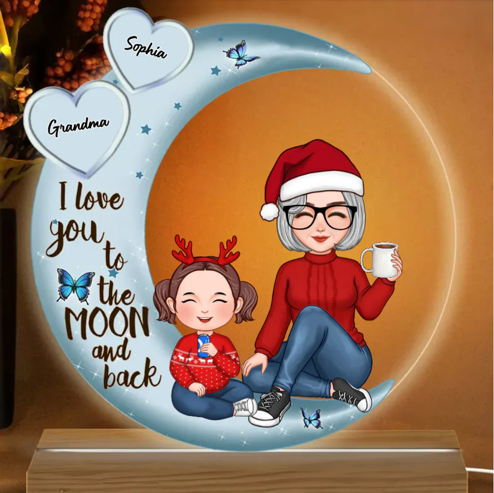 Grandma & Grandkid Sitting On Heart Pattern Moon - Personalized Ornament Or Plaque - Image 3
