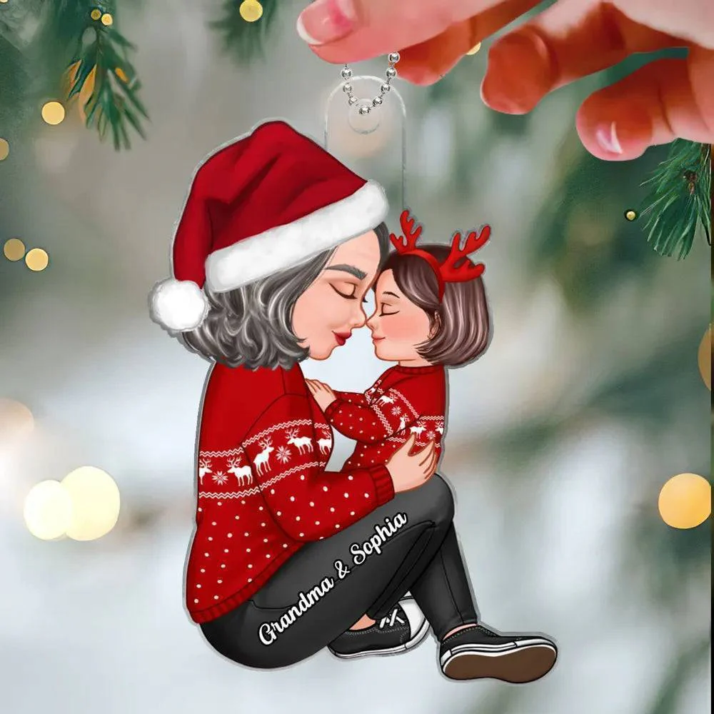 Christmas Tree Personalized Lantern Ornament - Grandma Mom Hugging Kissing Kids - Image 2