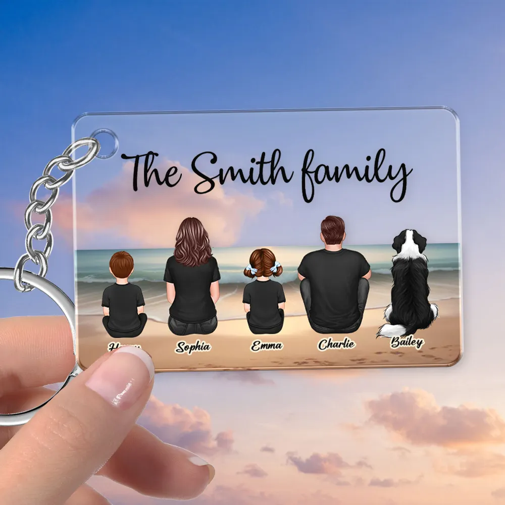 Beach Landscape Family Sitting Back View - Personalized Keychain or Poster or Plaque or Car Hanger or Pillow or Wallet card- Ideal Gift for Loved Ones - Image 3