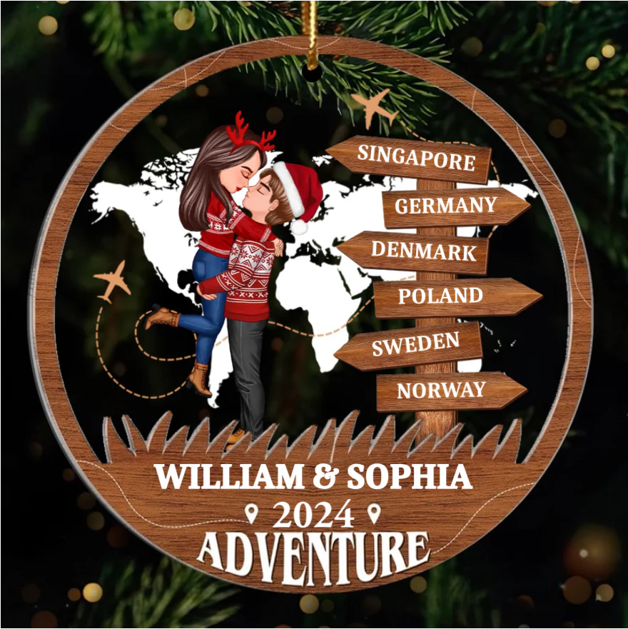 Adventure Kissing Couple Personalized 2-Layer Acrylic Ornament, Christmas Gift For Couple, Gift For Travelers - Image 2