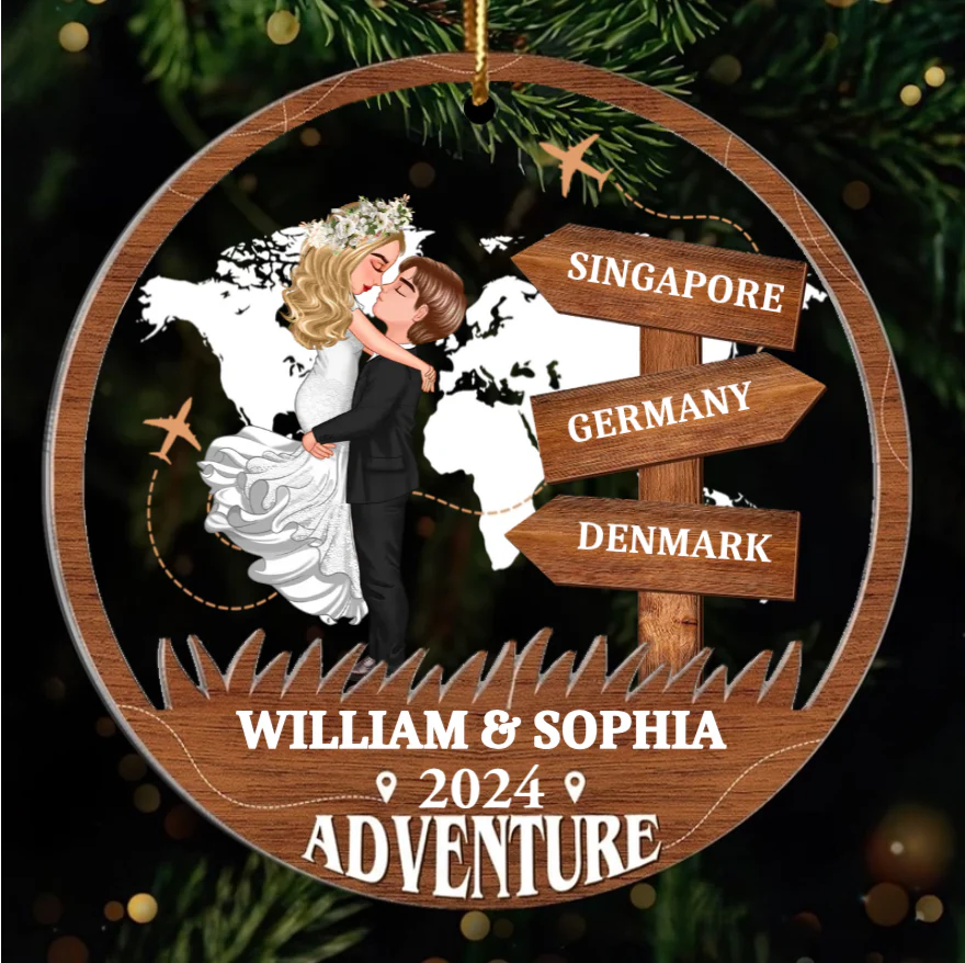 Adventure Kissing Couple Personalized 2-Layer Acrylic Ornament, Christmas Gift For Couple, Gift For Travelers - Image 3