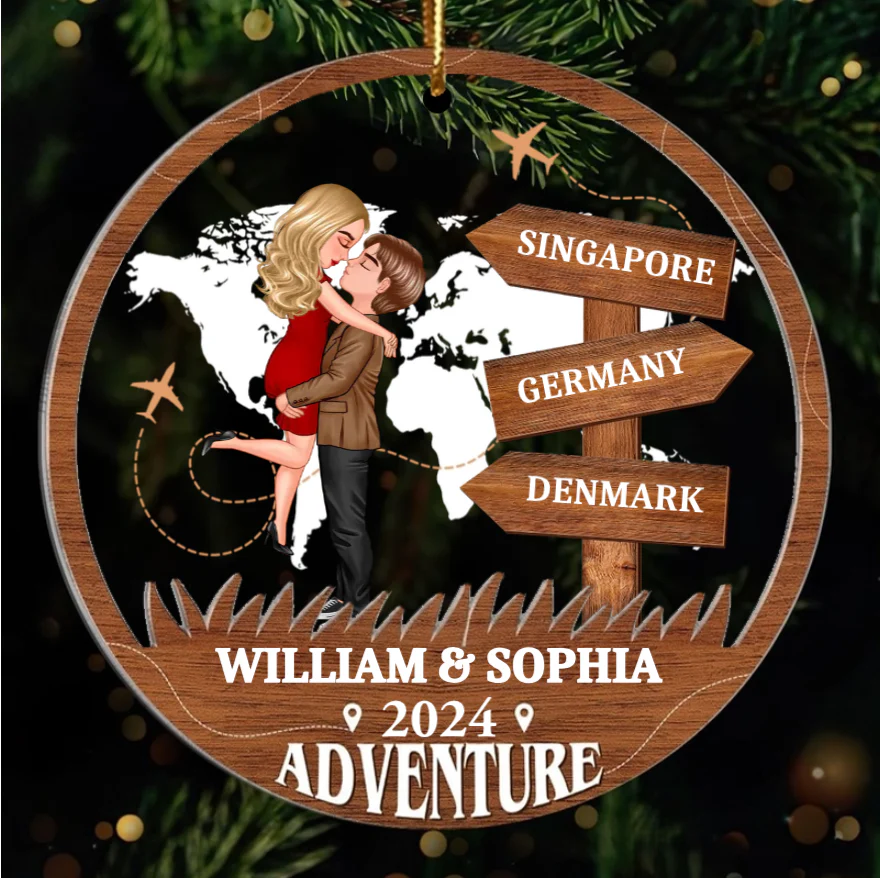 Adventure Kissing Couple Personalized 2-Layer Acrylic Ornament, Christmas Gift For Couple, Gift For Travelers - Image 4