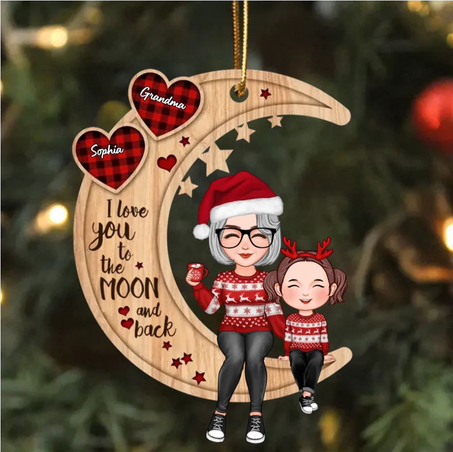 Christmas - Cute Grandma & Grandkid Sitting On Moon - Personalized Pillow or Ornament or Keychain or Plaque or Sign - Image 3